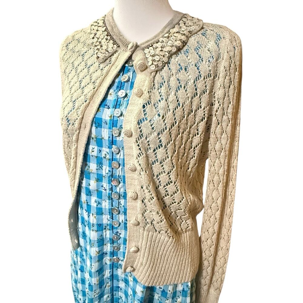 VTG Y2k Crochet Cardigan Anthropologie SZE LARGE Cottage Girly Bling Yellow Bird